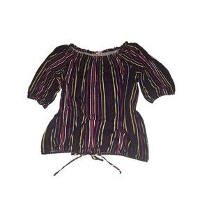 Free Kisses top Women 2X navy red white yellow striped 3/4 sleeve faux tie tunic